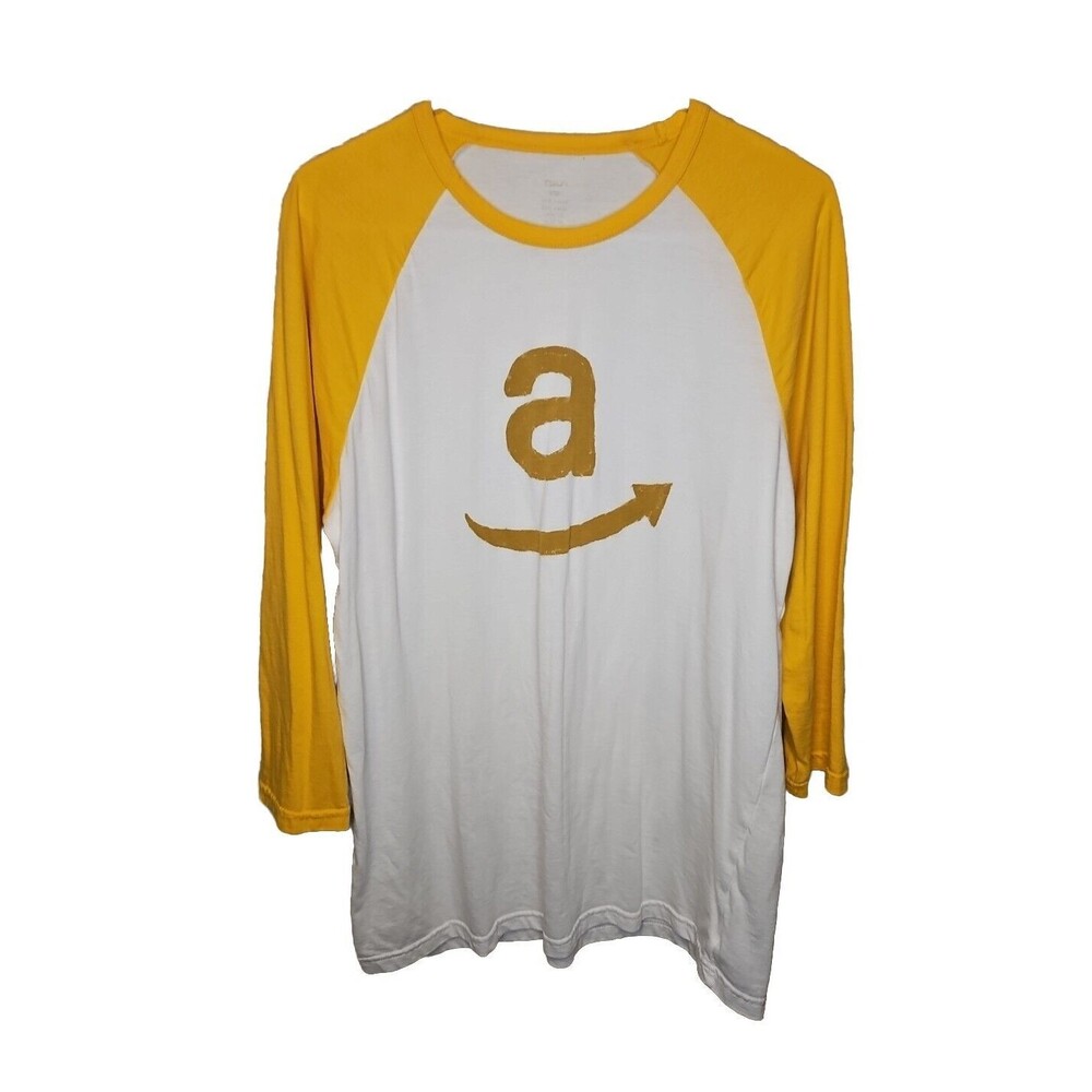 TSLA Amazon Logo 3/4 Sleeve White Yellow Shirt Mens Size L Large Tesla Baseball